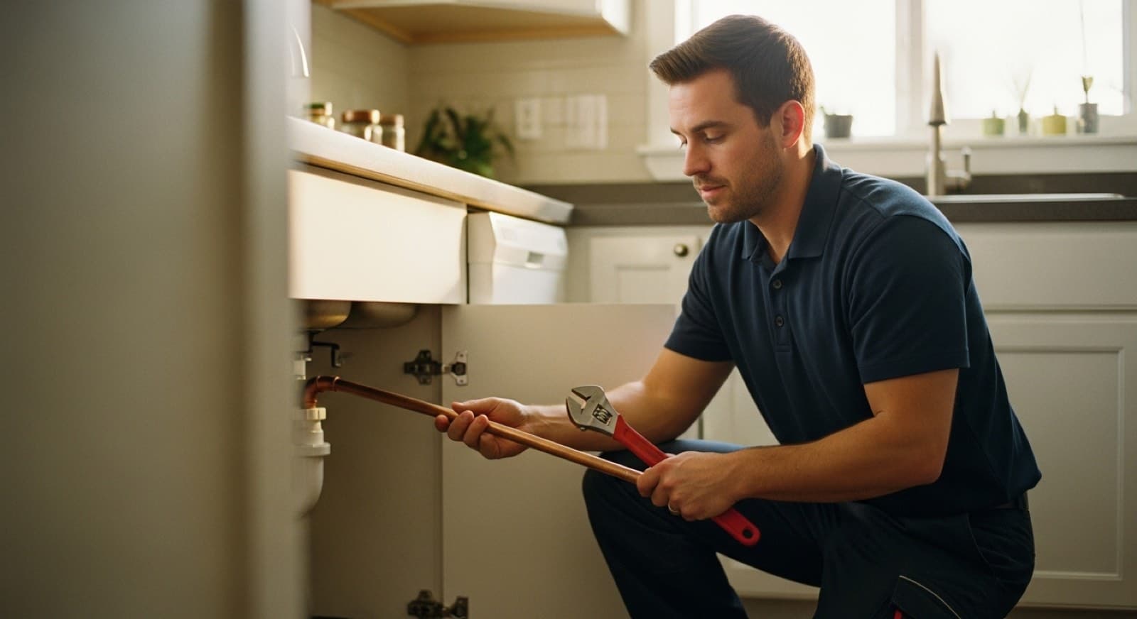 A residential plumber kneeling beside an under-sink installation in a customer's kitchen, copper pipe and wrench in hand